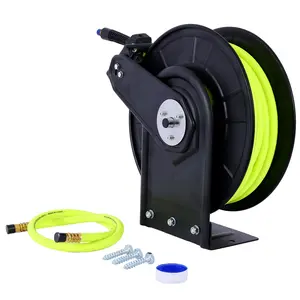 Hdmw Retractable Air Hose Reel With 3/8" Inch x 50' Ft,Heavy Duty Steel Hose Reel Auto Rewind Pneumatic,Industrial Grade Rubber Hose,300 PSI,Black