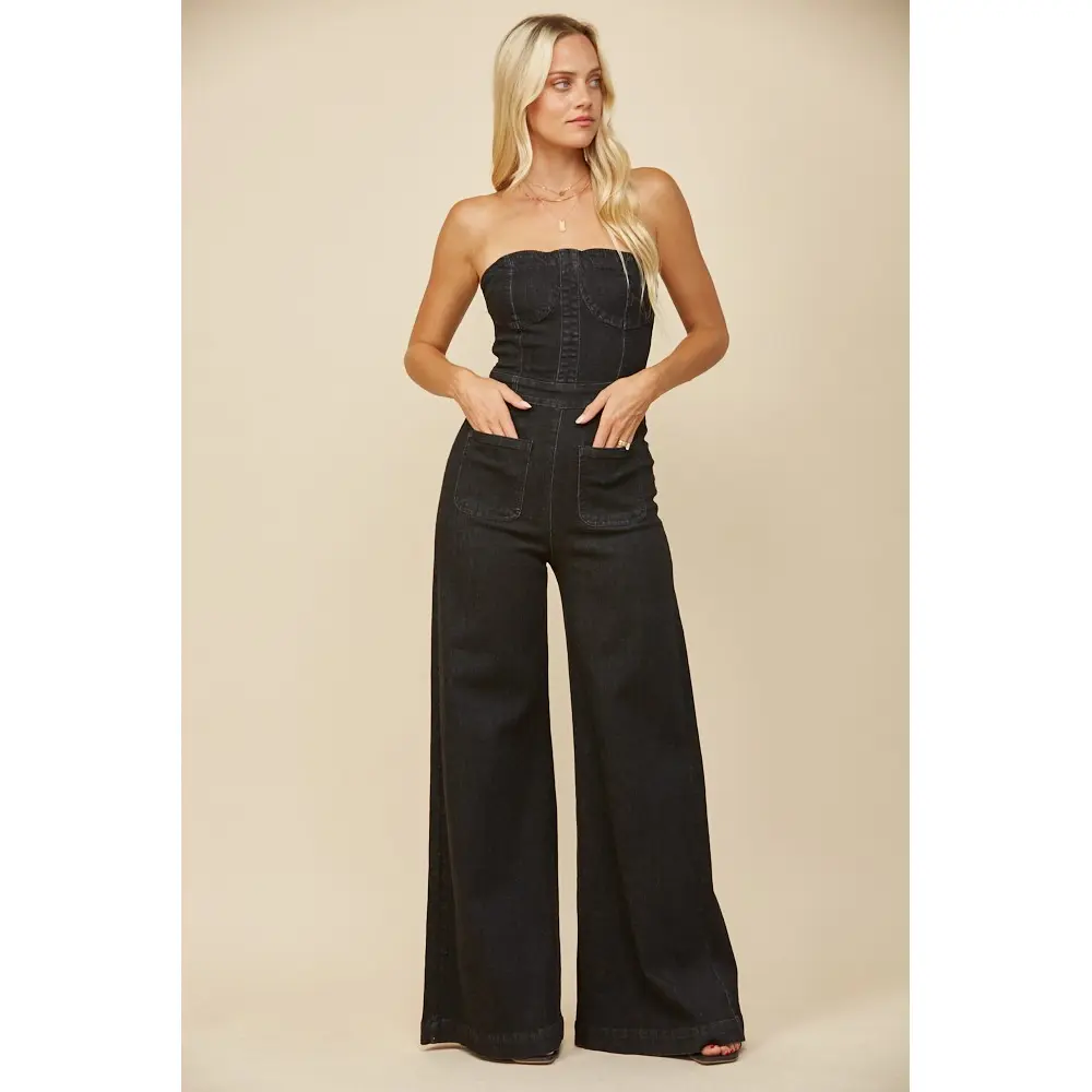 Strapless Black Denim Wide Leg Jumpsuit
