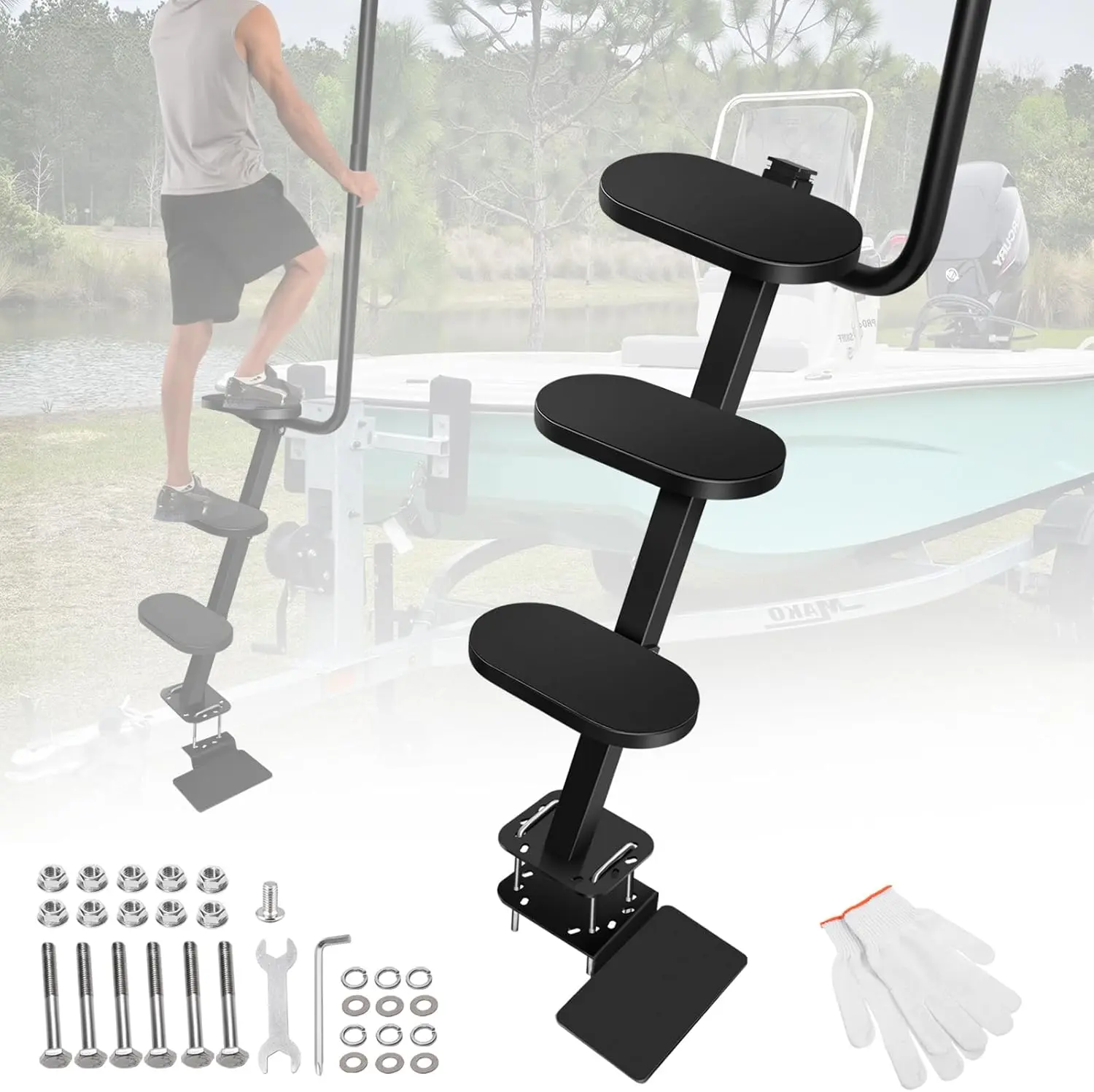 4-Step Boat Trailer Step, With Anti-Slip Surface, Safety Handle - Universal Tongue Mount, 500lbs Capacity, Adjustable Base For Most Trailers & Boats