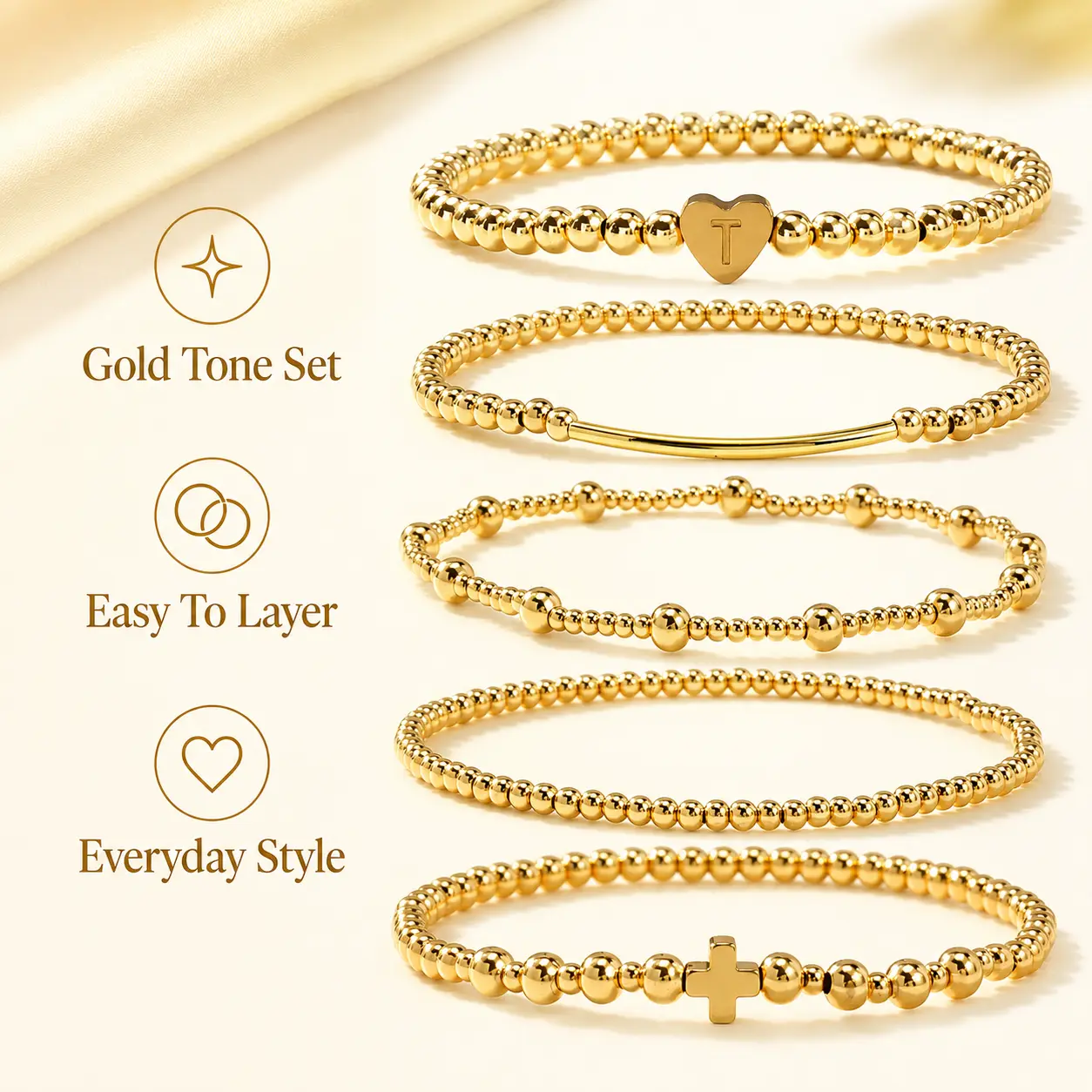 Gold Tone Beaded Bracelet Set for Women, Stackable Layered Bracelets with Heart T Charm, Cross Charm and Bar Detail, Everyday Fashion Jewelry Gift