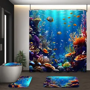 LVRLVR 4Pcs Underwater Coral Reef Tropical Fish Print Ocean Coastal Nature Multi-Color Shower Curtain Set 70.8×70.8 Inch
