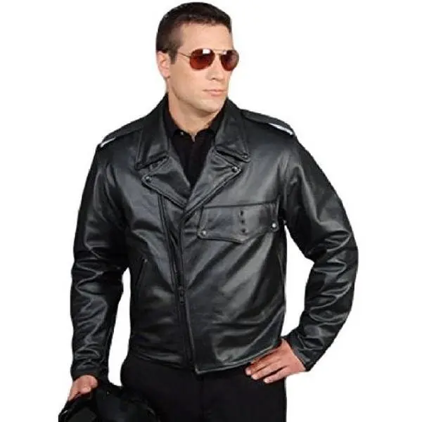 REED USA-Made Men's Black Longsleeves Cow Leather Police Uniform Biker Jacket - Zipper-Closure Motorcycle Patrol Menswear Top Coat