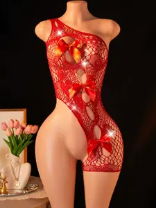 Women's Sexy One-Piece Swimsuit, Lacing Cutout, Asymmetrical Shoulder, Bow Decoration, Mesh with Rhinestones, Beach Pool Party Wear, Cutout Front Swimsuit