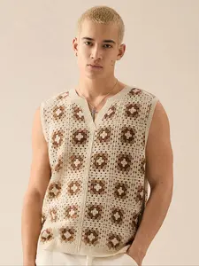 Men's Crochet Sleeveless Top, Geometric Pattern Knit Sweater, Casual Loose Fit for Daily Wear, Youthful Leisure, Spring Summer Fashion, Sleeveless Vests, Knitwear Vest