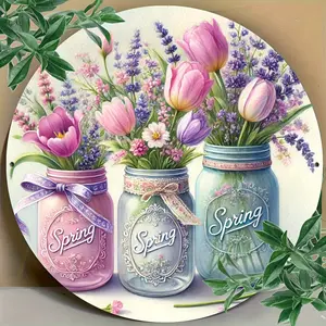 7.8x7.8" Spring Floral Metal Sign - Charming Mason Jar - 2D Flat Printing, Perfect for Home, Farmhouse, & Garden Decor