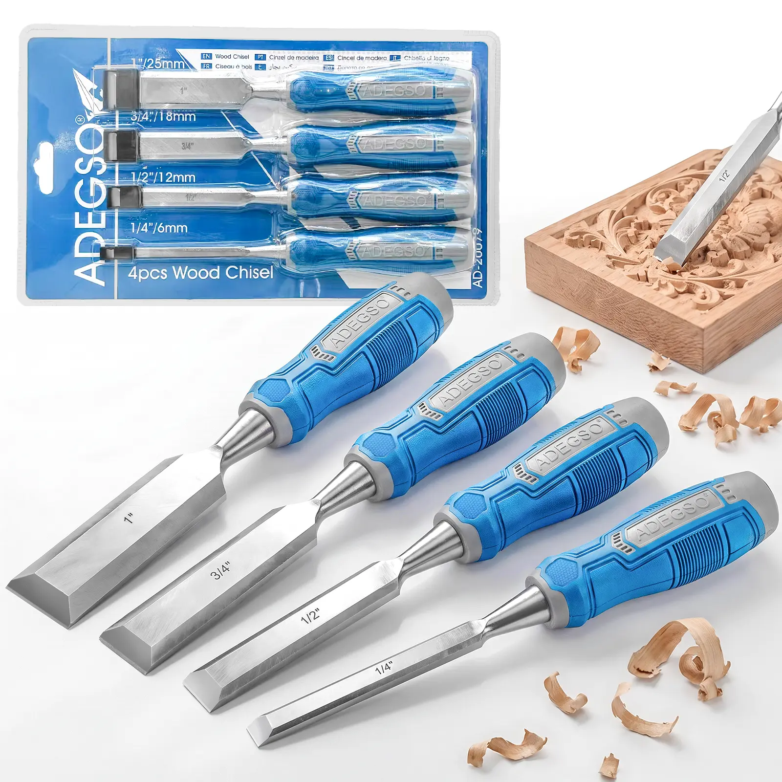 ADEGSO 4-Piece Wood Chisel Set, CR-V Chrome Vanadium Steel Woodworking Chisels with Ergonomic Handles, Metal Strike Caps & Safety Blade Covers, 1/4", 1/2", 3/4", 1" for Carving, Mortising & DIY