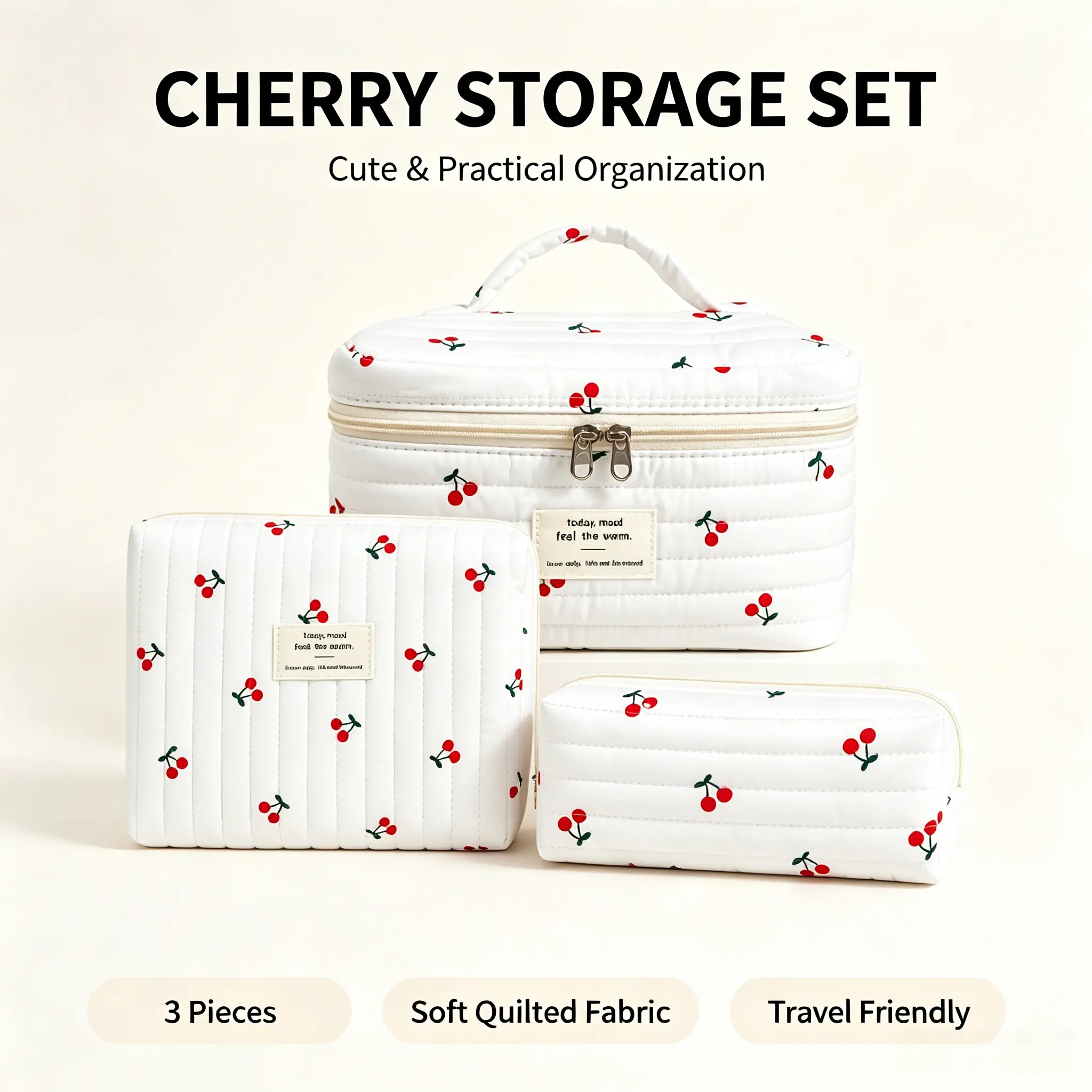 FeverLZong Floral Pattern Cosmetic Bag Set with Cherry Design - 3-Piece Travel Organizer for Makeup and Toiletries  Padded Cotton Cosmetic Bag Set Blossom Cotton Makeup Bag 3pc  bag  set pouch  organizer  singles