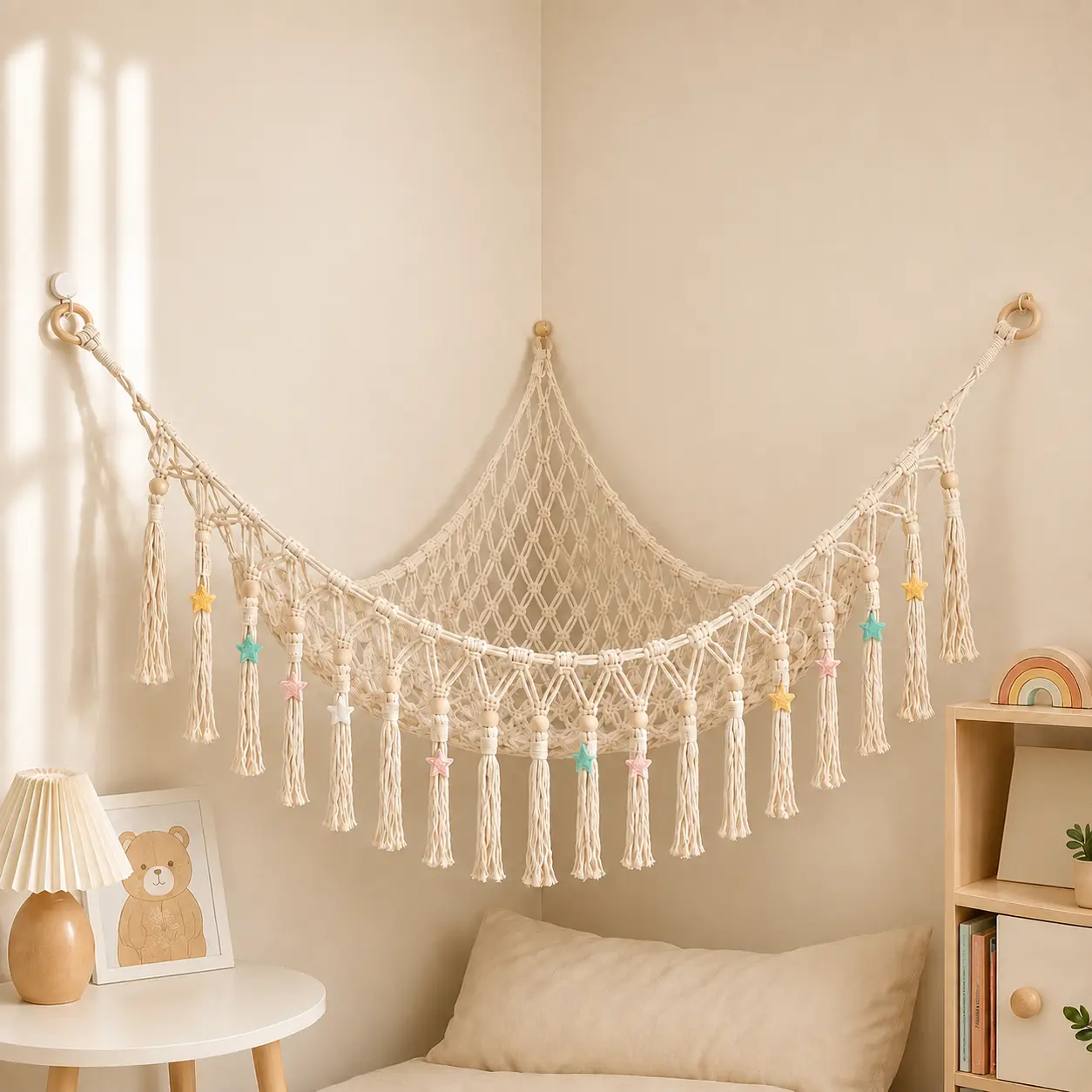Stuffed Animal Storage Hammock, Handmade Macrame Corner Organizer, Hanging Plush Toy Holder for Kids Room