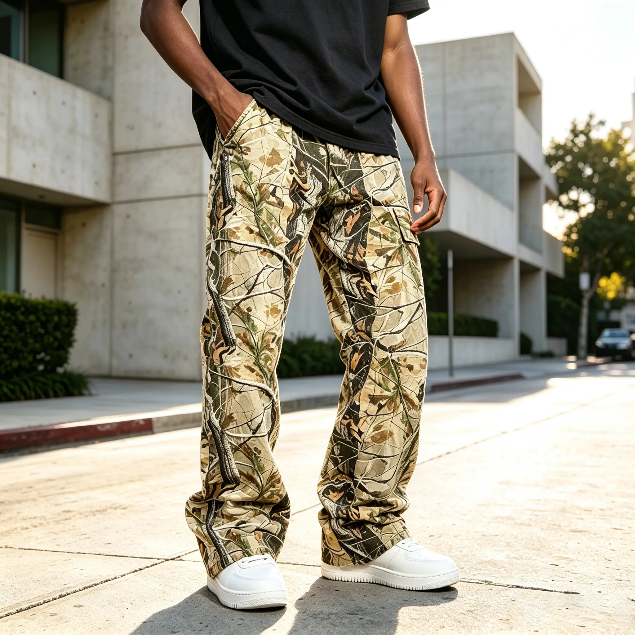 GINGTTO Men's Camouflage Flared Pants Wide Leg Stretch Baggy Streetwear Casual Chino Trousers