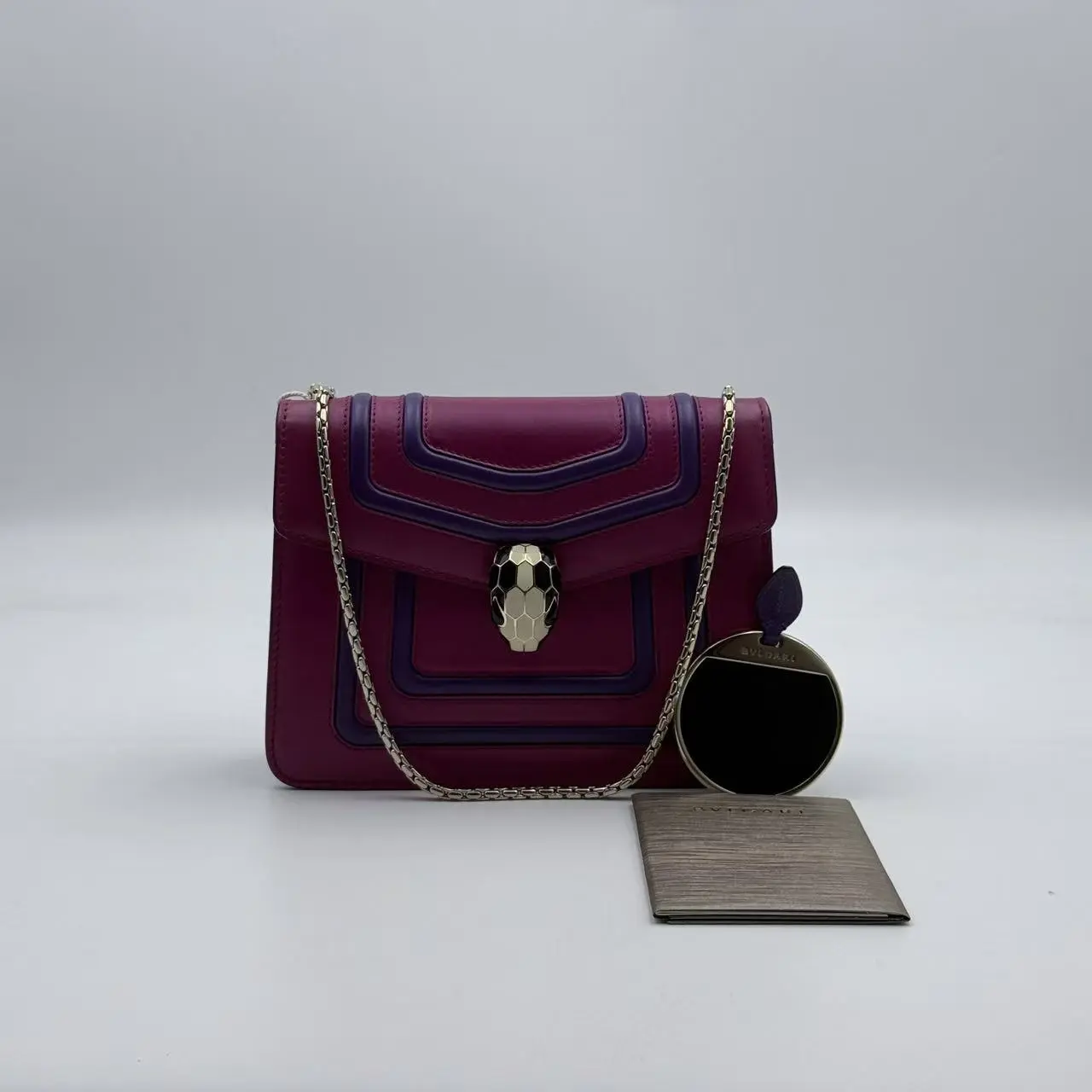 Pre-owned Bvlgari H5 Serpenti Leather Shoulder Bag Snake Head Chain, Rose Pink with Contrasting Navy Blue Trim, Medium Size, Model H03576, Shoulder Bags
