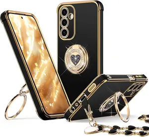 Samsung Galaxy A15 5G Case with Stand Double Ring Kickstand Bling Luxury Protective Cover Heart Design for Women Girls Black TPU Material