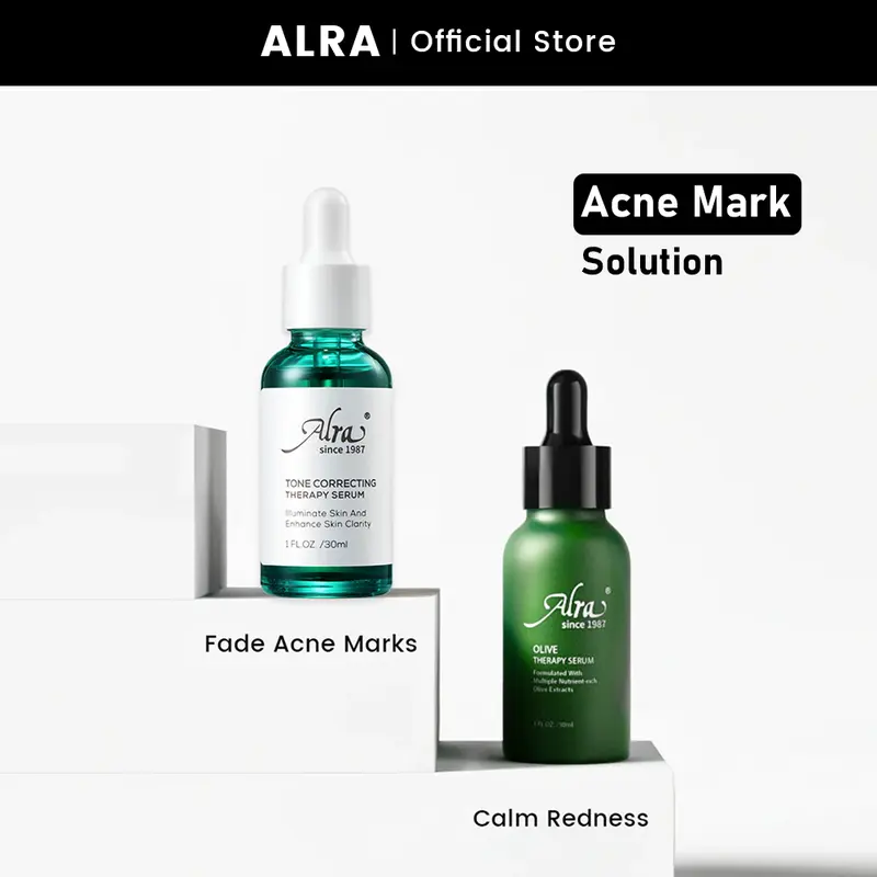 ALRA Acne Marks Repair Duo - 2-Step System for Fading Red & Dark Marks, Olive Serum for Redness Relief & Tone Correcting Serum for Brightening