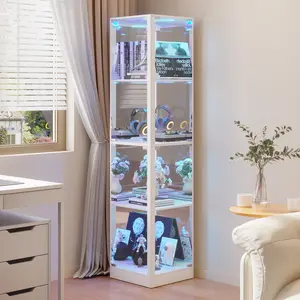 FREDEES White Display Cabinet with Glass Doors, 68" Display Case with RGB Light, 4-Tier Curio Cabinets for Collectibles Toys Books, Corner Space Saving Storage Cabinet