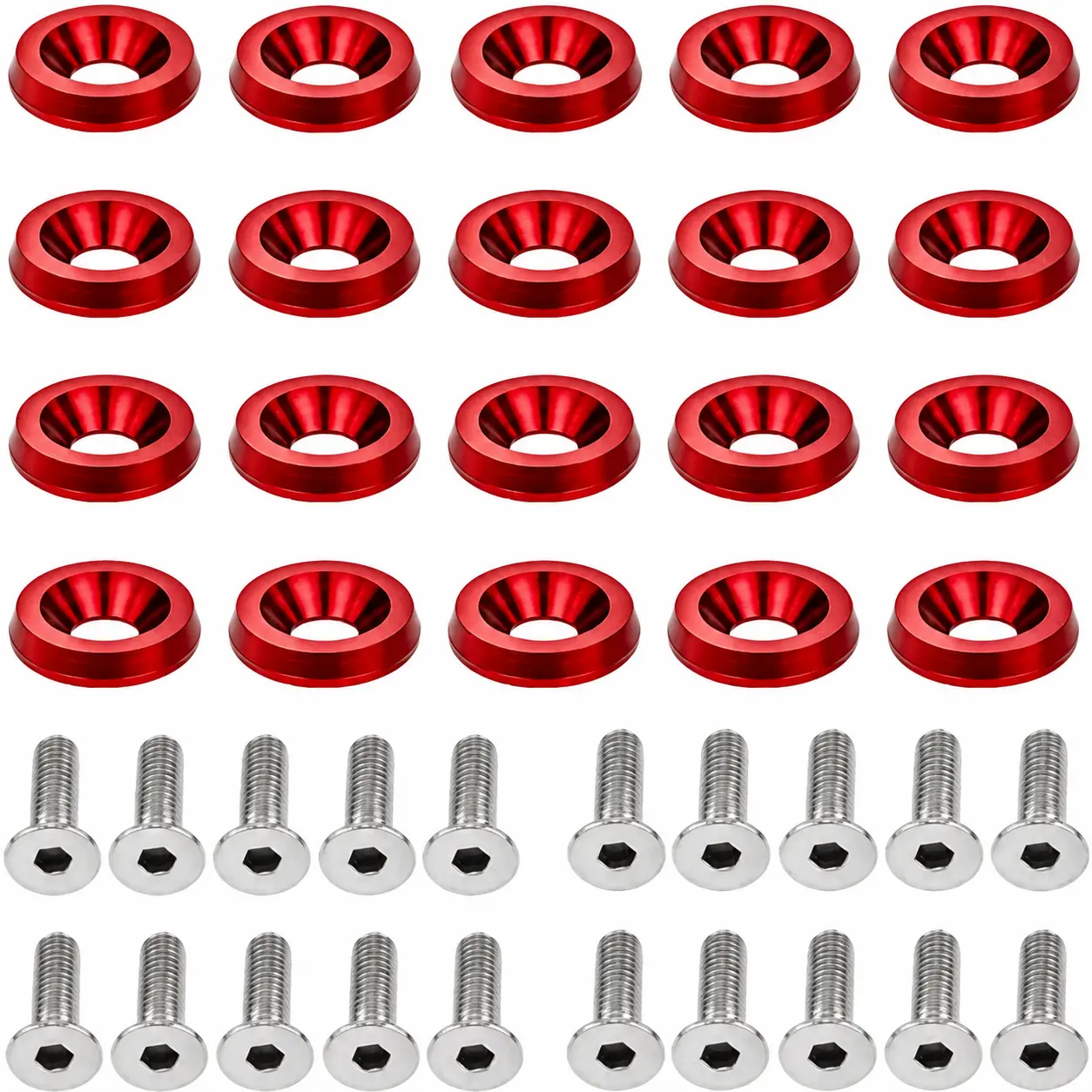 20PCS Fender Bumper Washer Bolt M6x20mm 6061 T6-Grade CNC Billet Aluminum Washer Engine Bay Dress Up Fastener Kit (Red)
