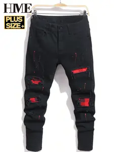 Men’s plus-size black casual jeans for all seasons, featuring multiple storage pockets throughout the legs and a large back pocket, with a zip closure at the waist; suitable for everyday commuting, parties, and streetwear.
