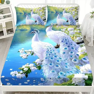 3-Piece Bedding Set - 1*Fitted Sheet + 2 Pillowcases, White Peacock Floral Pattern Dustproof Pad, Soft Comfortable Breathable Light Beige Home Supplies, Suitable for All Seasons, Ideal for Family Bedroom or Guest Room, Graduation Gift/Birthday Choice Suit