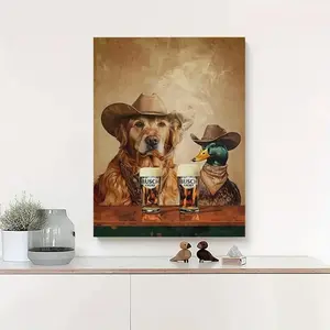 Western Country‑Style Wall Decor, Cowboy‑Themed Canvas Print of Labrador and Duck, Rustic Art for Home Decoration Vintage Cowboy Poster