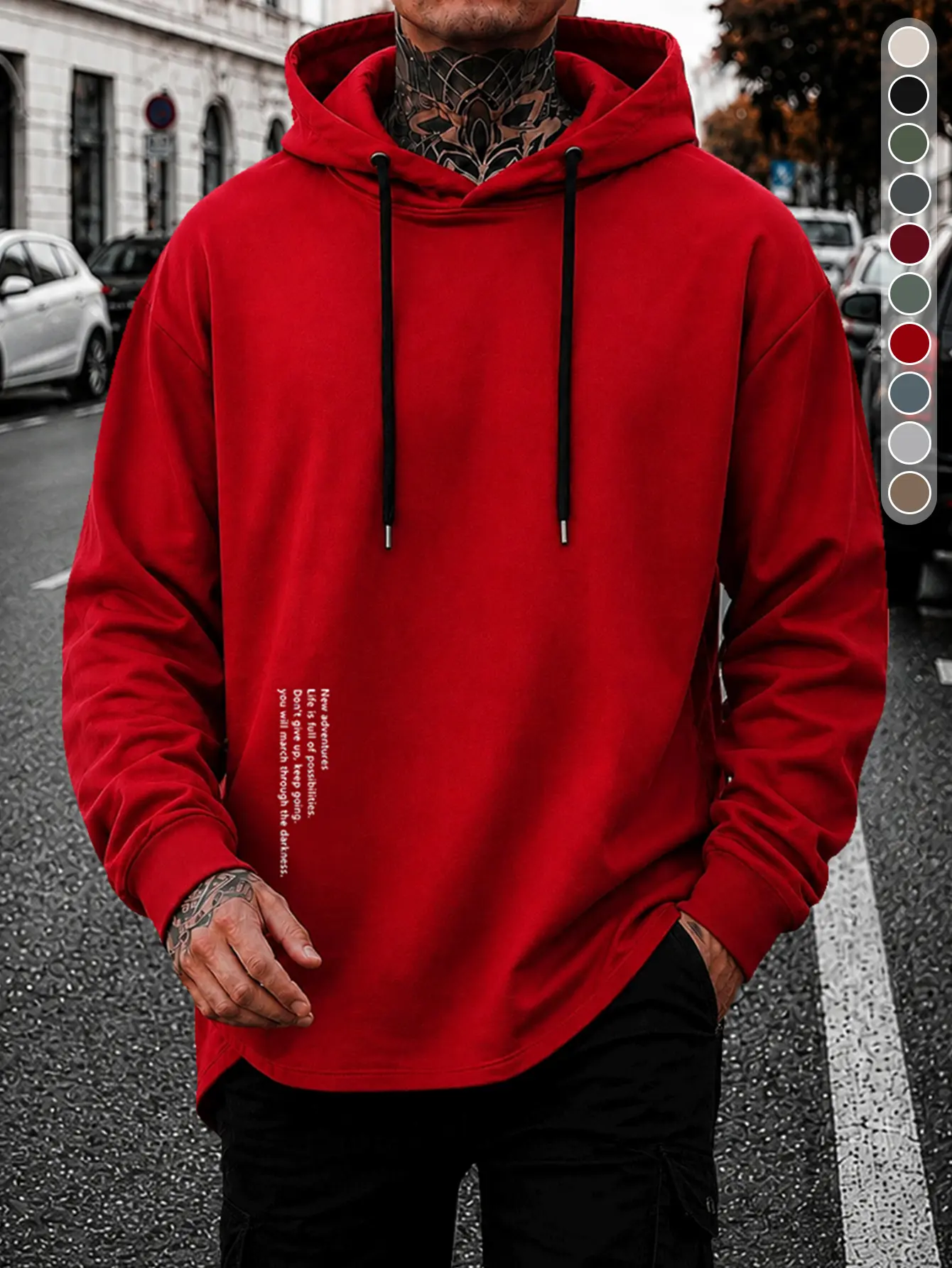 Men’s casual minimalist hooded knit sweatshirt with letter print design; comfortable, skin-friendly fabric that is breathable—suitable for outdoor leisure, home life, daily commuting, and trendy everyday outfits.