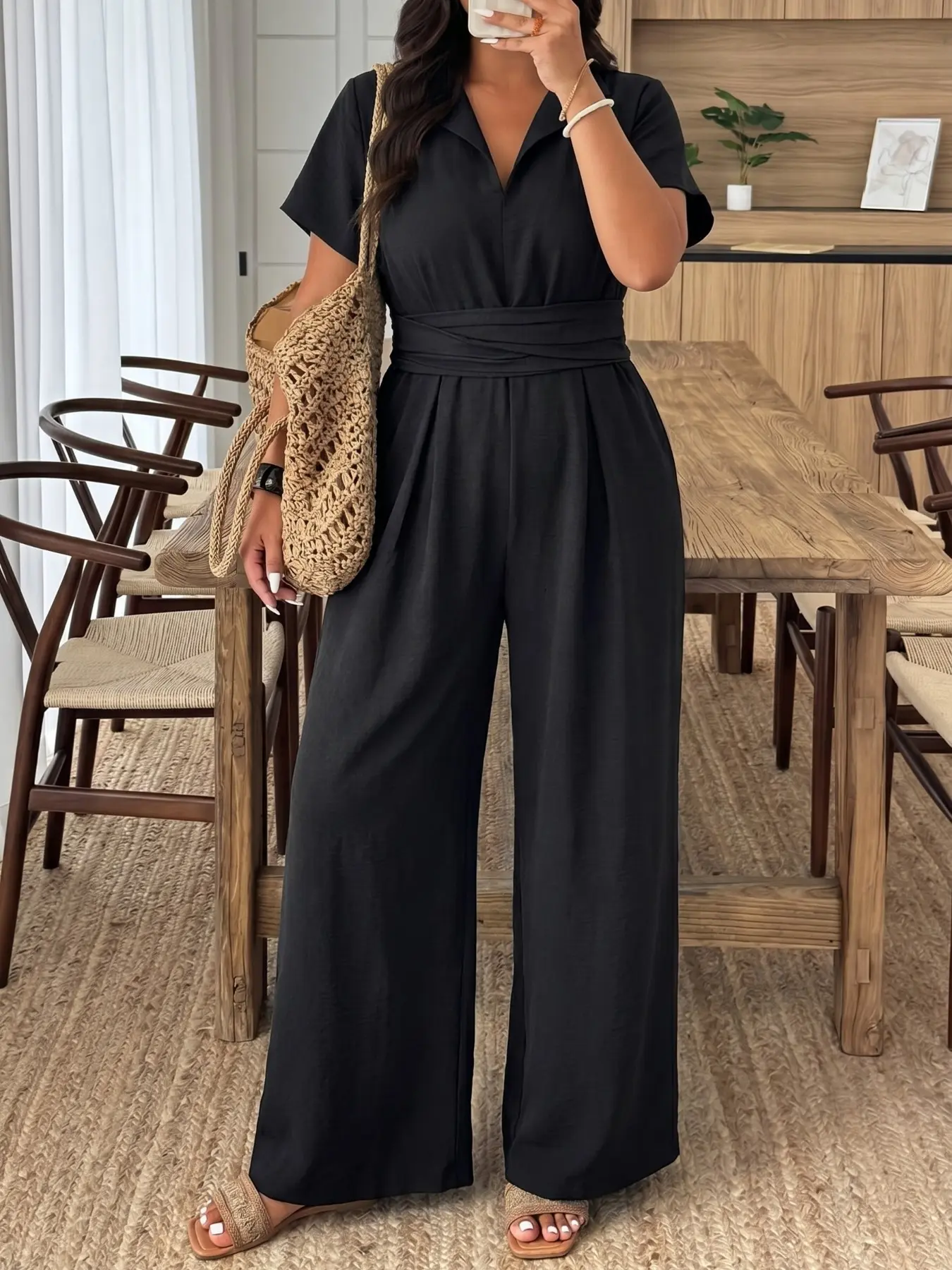 Plus Size Women's Casual Basic Solid Short Sleeve High Waist Jumpsuit, Casual Jumpsuits, Elegant Zipper Design, Comfortable Fashion for Daily Wear, Parties, Office, Dates, Graduation