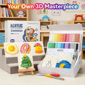 24-Color Acrylic Creative Markers with Brush Tip, Direct Ink Roller System, Layerable, No Bleed, Bold Marks on Light & Dark Surfaces for Drawing, Gifting & Teaching