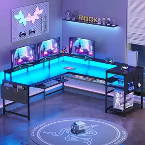 SIKAIC L-Shaped Reversible Gaming Desk with LED Lights, Home Office Computer Desk with Power Outlets, Monitor Shelf, Keyboard Tray, Pegboard and Storage Shelves