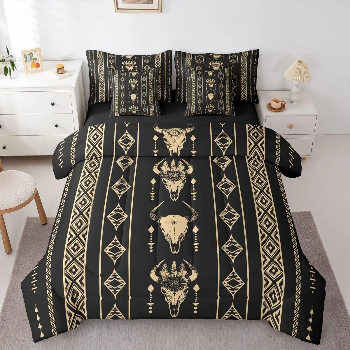 Feelyou Queen 7-Piece Microfiber Decorative Bed Comforter Set - Gold-Black Bull Skull Tribal Symbol, Ethnic Horns Southwestern Cowboy Aztec Design, for Men, Bedroom Gift, Microfiber Bedding Set, Decorative Bedding Set