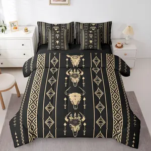 Gold Black Bull Skull Tribal Symbol Men Boys Comforter Bed Set,7 Pieces Ethnic Horns Bed Bagsouthwestern Cowboy Bed Set,Mysterious Aztec Bedding