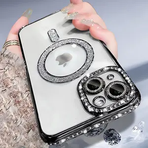 Fashion Crystal Diamond Clear Case For iPhone 15 11 12 13 14 Pro Max Plus Bling Sparkly Magsafe Magnetic Wireless Charging Cover