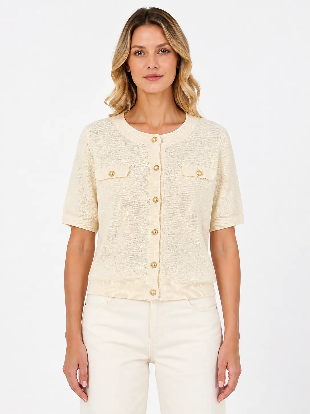 HILOGO Women's Short Sleeve Knit Cardigan, Lightweight Basic Polyester Top with Pearl Buttons and Pockets for Casual Summer Wear, Cream, Knitwear