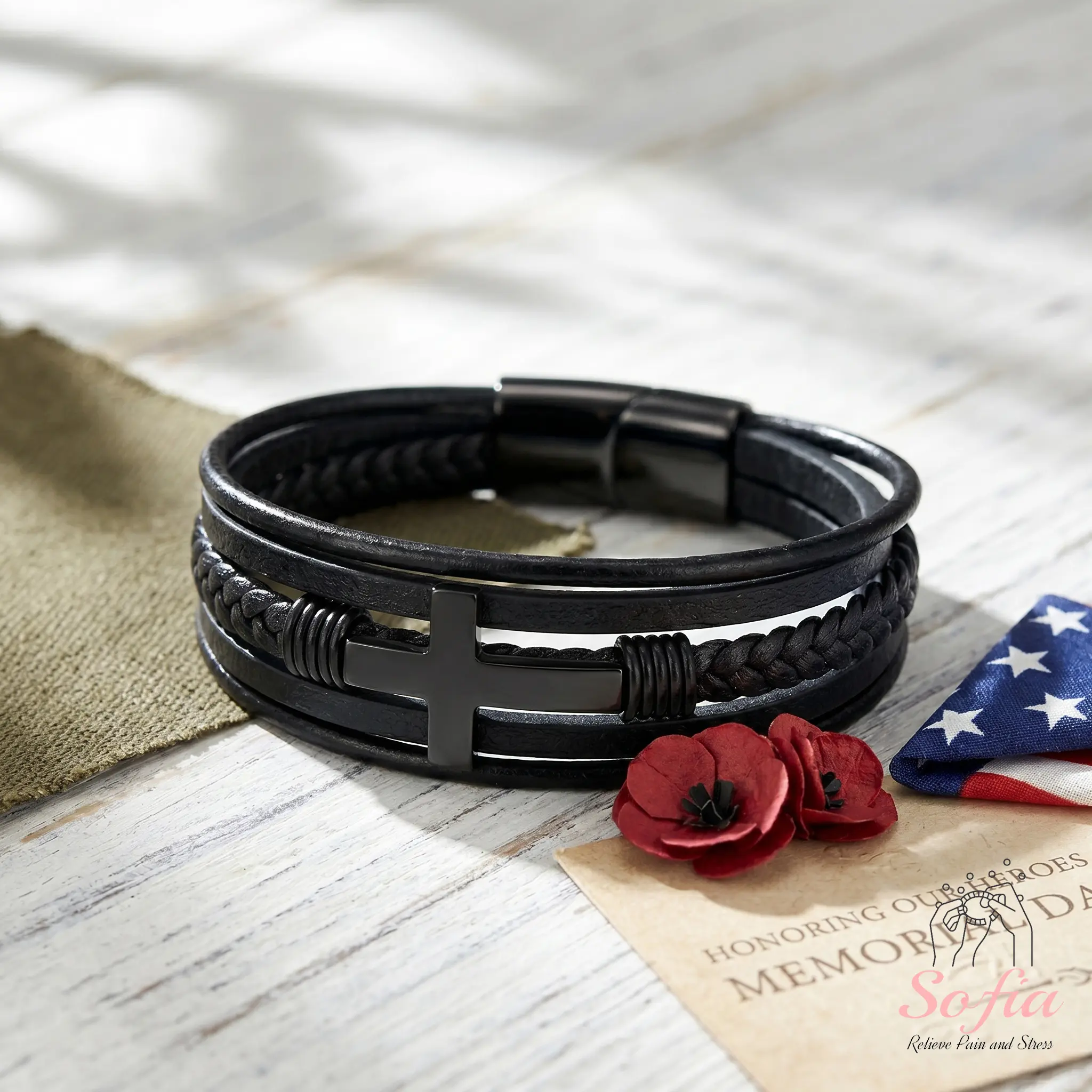 Cross Leather Braided Bracelet - Memorial Day Gift Personalized Available - 8 inches Leather Bangle Multilayer Braided Wristband Magnetic Gift to him Modern Fashion Accessories
