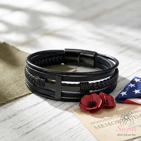 Men's Cross Leather Braided Bracelet - 8in Multilayer Magnetic Wristband, Stackable Faith Wear Jewelry, Trendy Fashionable Accessories, Daily Casual Modern Personalized Memorial Day Gift
