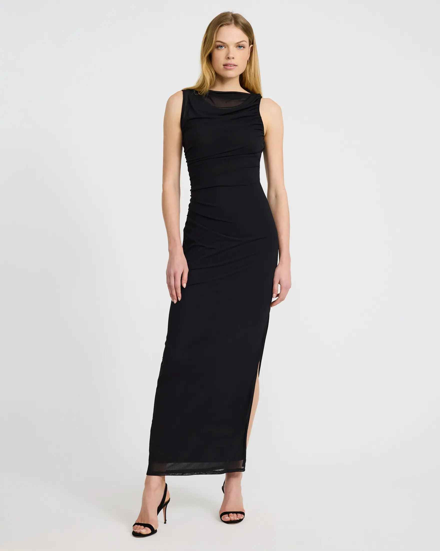 Express Mesh Crew Neck Sleeveless Ruched Maxi Dress, Casual