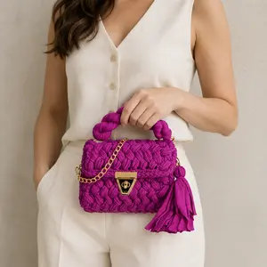 Women's Handmade Crochet Shoulder Bag - Chunky Knit Purse, Tassel Accent, Gold Lock Closure, Ideal Gift for Her (Birthday, Anniversary)