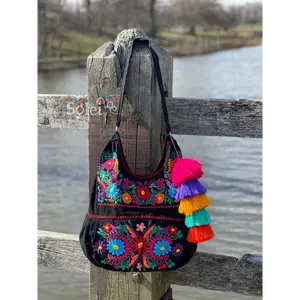 Traditional Mexican Floral Embroidered Bag. Morral Solei with PomPom Tassel