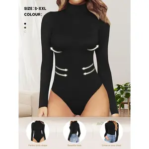 WOMEN'S autumn solid color turtleneck long-sleeve bodysuit sexy shapewear jumpsuit with high collar polyester slimming base layer Shaper Clothes Womenswear Black Tops