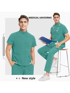 Practical Set for Men's Work Stand Collar Short Sleeve Scrub Set Uniforms Skin Management Work Clothes