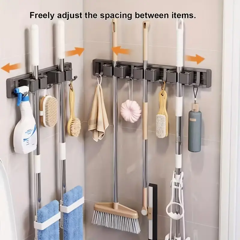 Metal Mop Broom Holder with Adjustable Hangable Hooks, Bathroom Storage Organizer, Bathroom Organizing Accessories, Wall Mounted Storage, Versatile Organizer, Space Saving Home Rack for Kitchen Garden Laundry Garage, Room Organization Products