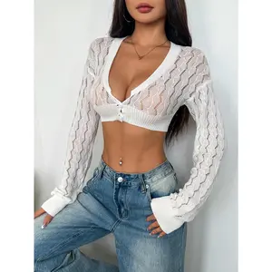 Women’s Sexy Knit Button Front Crop Cardigan – Long Sleeve Lace Mesh Sheer Sweater Top, Y2K Hollow Out V-Neck Shrug Bolero, Lightweight Summer Knitwear for Club, Casual, Streetwear, or Layered Looks Cropped Fit Fabric Adjustable