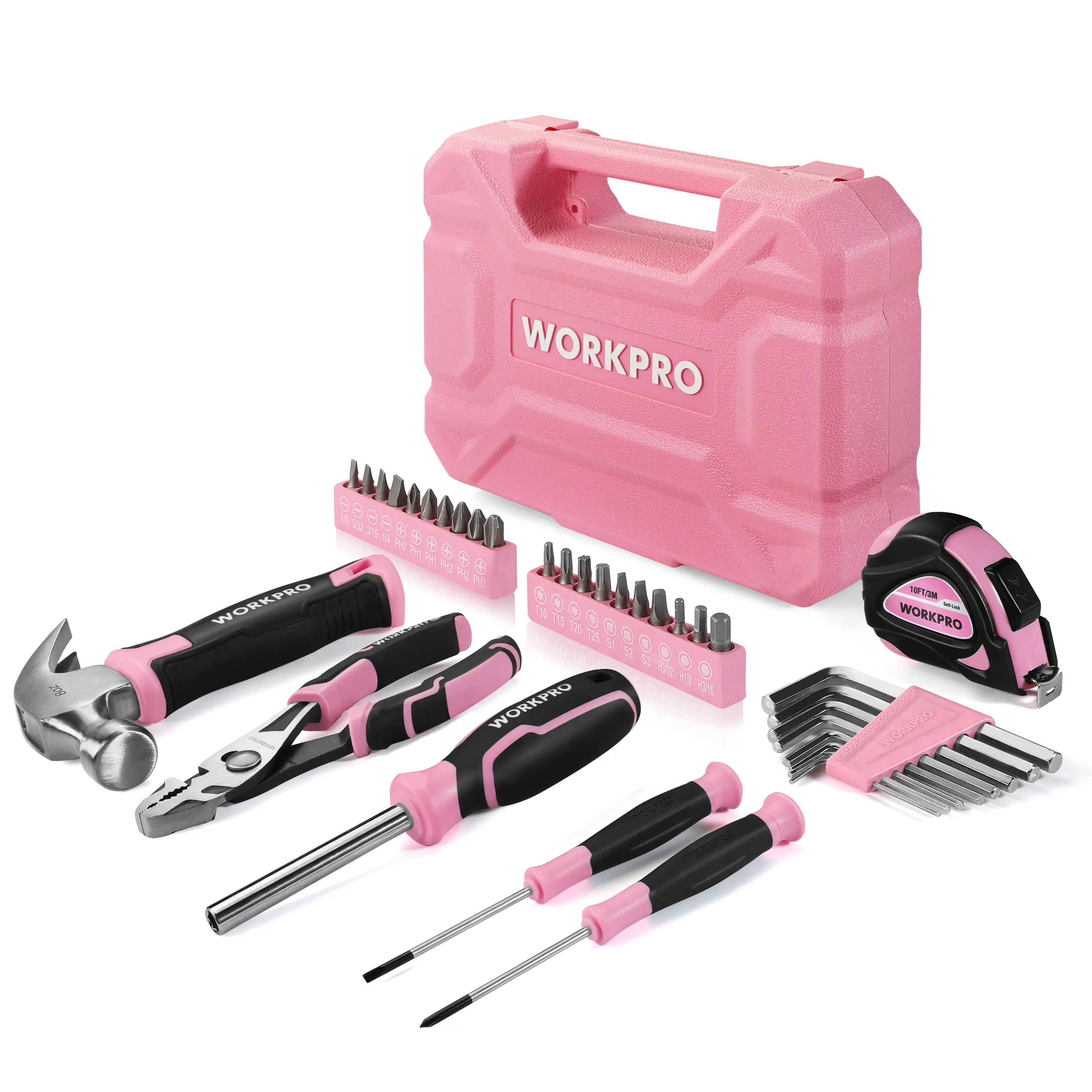 #fathersdaygift WORKPRO 35-Piece Pink Tools Set, Household Tool Kit with Storage Toolbox, Basic Tool Set for Home, Garage, Apartment, Dorm, New House, Back to School, and as a Gift - Pink Ribbon