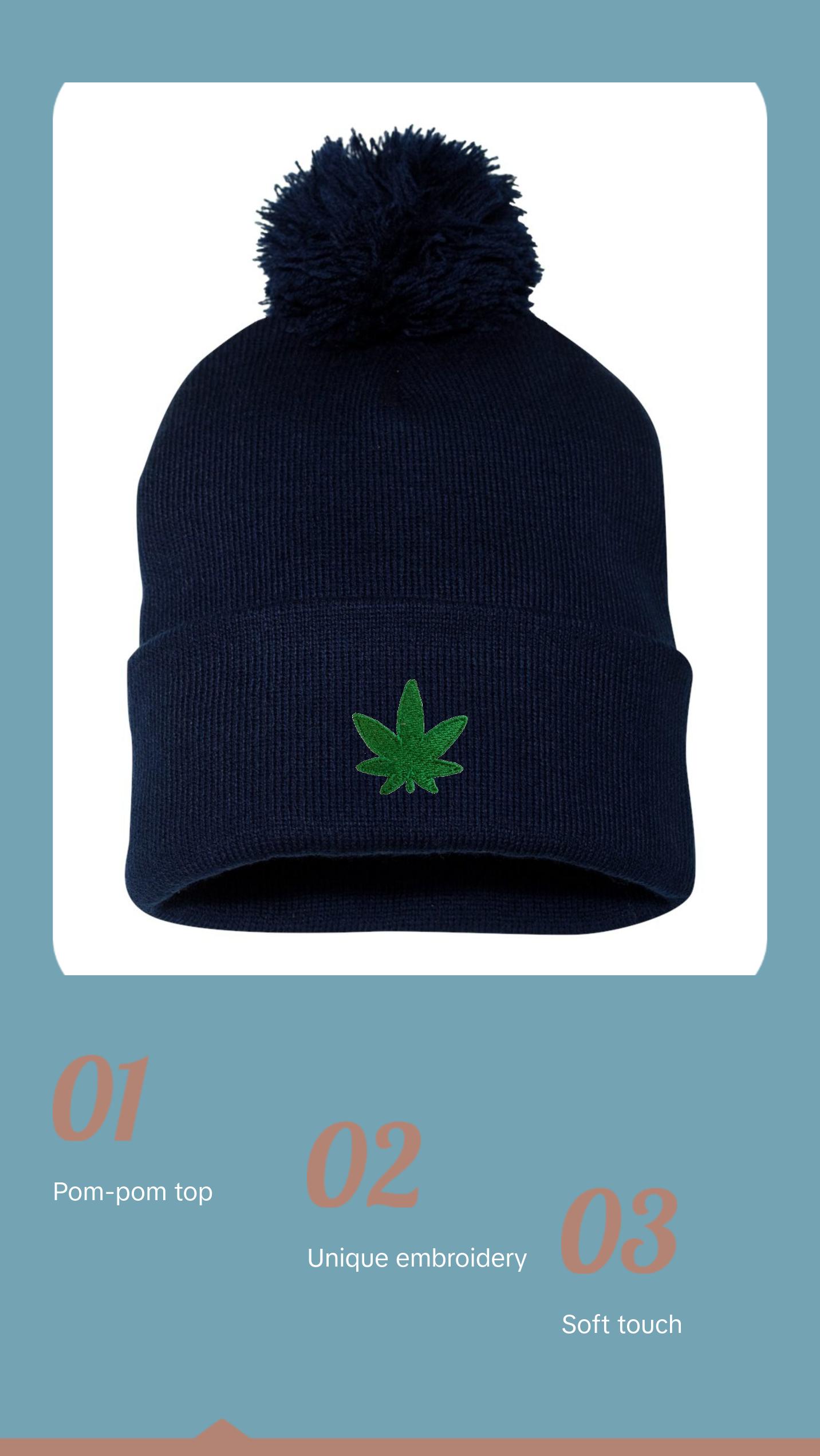 Marijuana Leaf Embroidered Knit Beanie Pom Cap