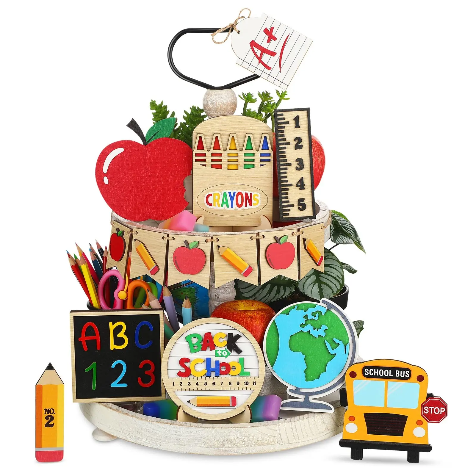 Back-To-School Layered Tray Decor Set, 14-Piece Wood Table Centerpiece, Student Teacher Gift Kit, Classroom Home Use (no Trays Included), Without Tray