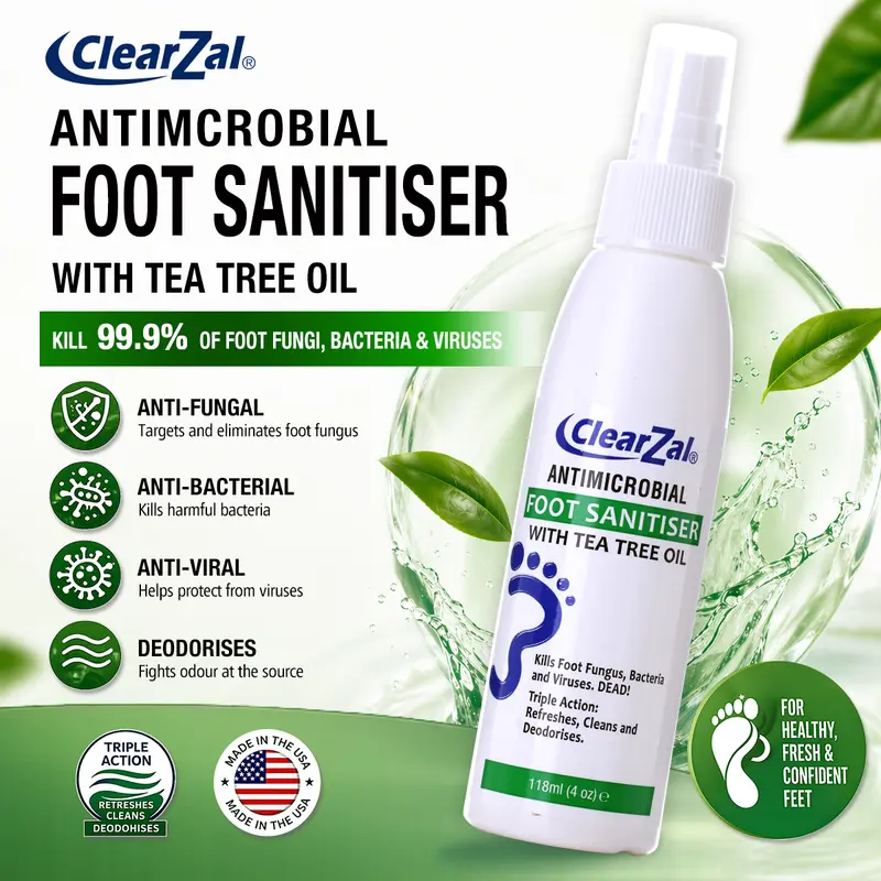 ClearZal Foot Sanitizer Spray with Tea Tree Oil, 4-Ounce Bottle ,Contains natural tea tree oil and aloe vera Long-lasting disinfectant and antibacterial spray