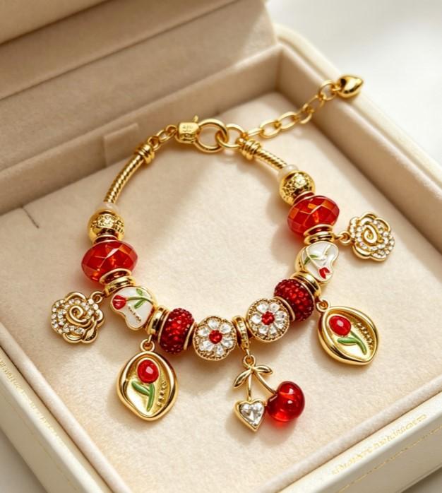 Sweet Red Cherry & Rose Charm Bracelet, Gold-Tone Snake Chain with Red Crystal Beads & Enamel Flowers, Adjustable Fashion Jewelry for Women Sweet Red Cherry & Rose Charm Bracelet, Gold-Tone Snake Chain with Red Crystal Beads & Enamel Flowers, Adjustable Fashion Jewelry for Women