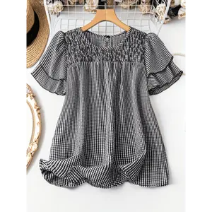 Women's clothing Gingham Print Crew Neck Shirred Yoke Blouse, Casual Short Tiered Sleeve Blouse For Spring & Summer, Clothing