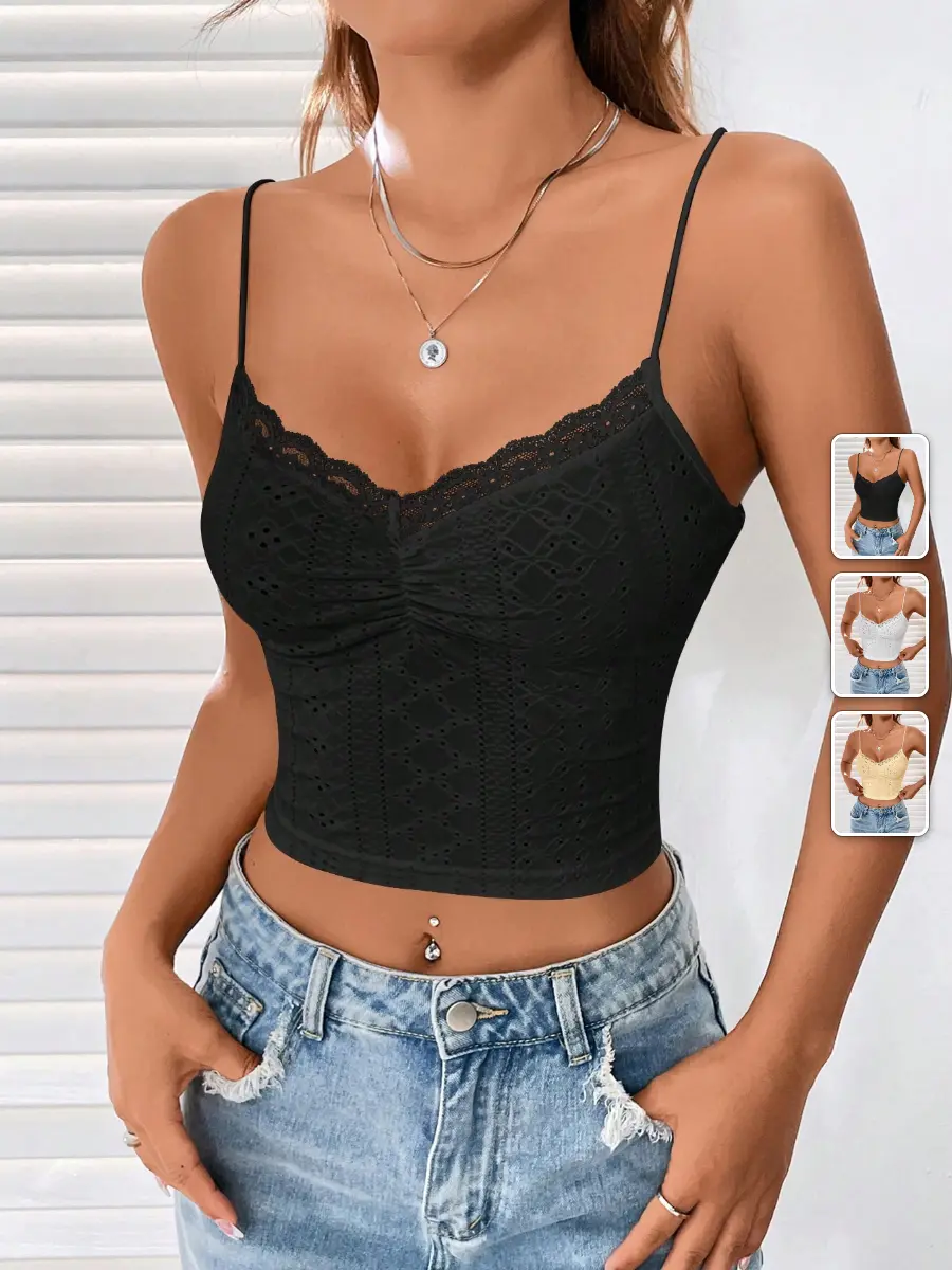 Ruched Cami Crop Top Contrast Lace Summer Going Out Date Night