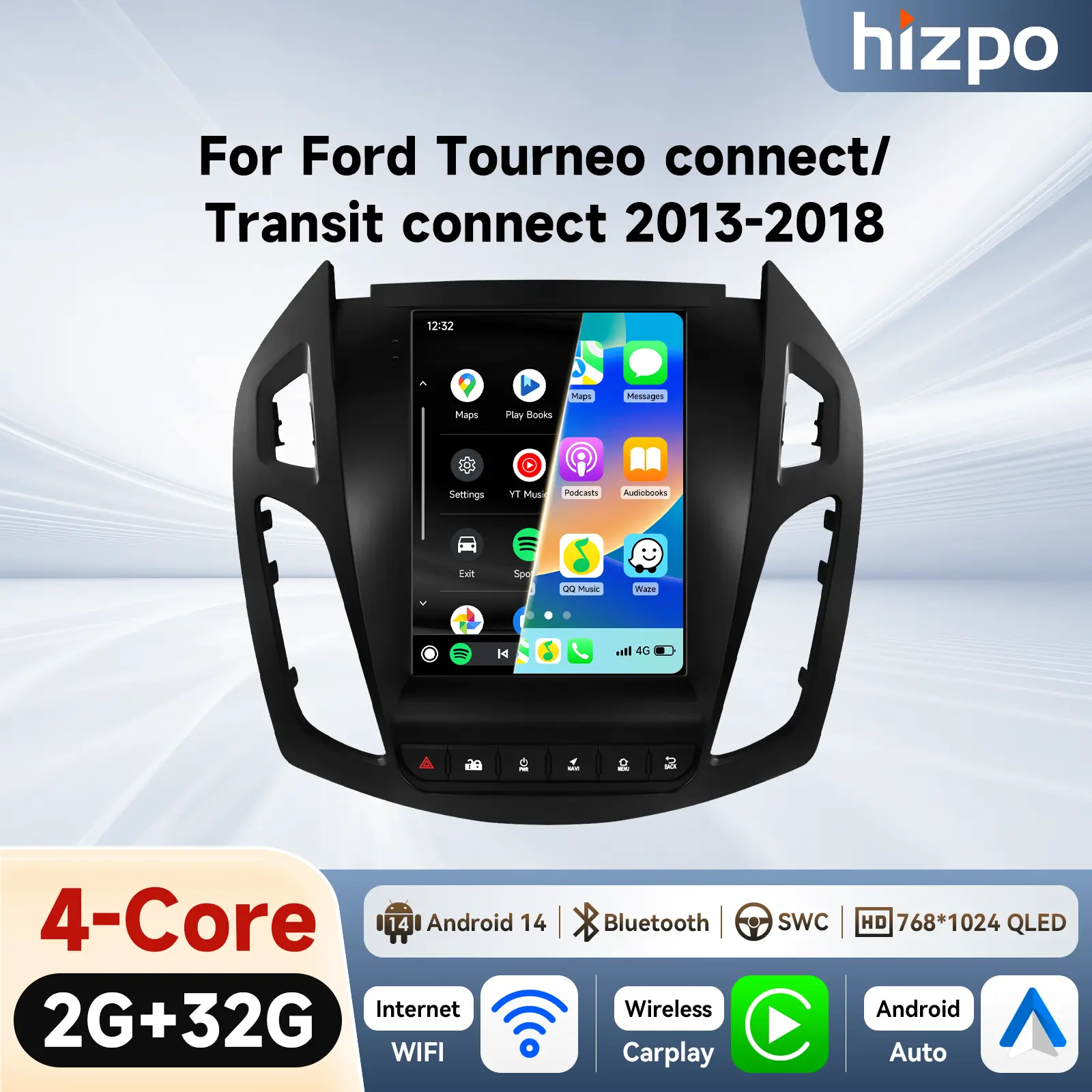 9.7-Inch Tesla Style GPS Touchscreen Head Unit Carplay Radio for Ford Tourneo Connect, Upgraded Wireless CarPlay, Wireless Android Auto with WiFi, Carplay Radio Touchscreen