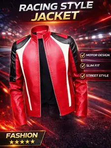 Men's Colorblock Motorcycle Leather Jacket, Stand Collar Zip PU Leather Coat, Racing Style Slim Fit Outerwear, Autumn Street Casual Riding Jacket