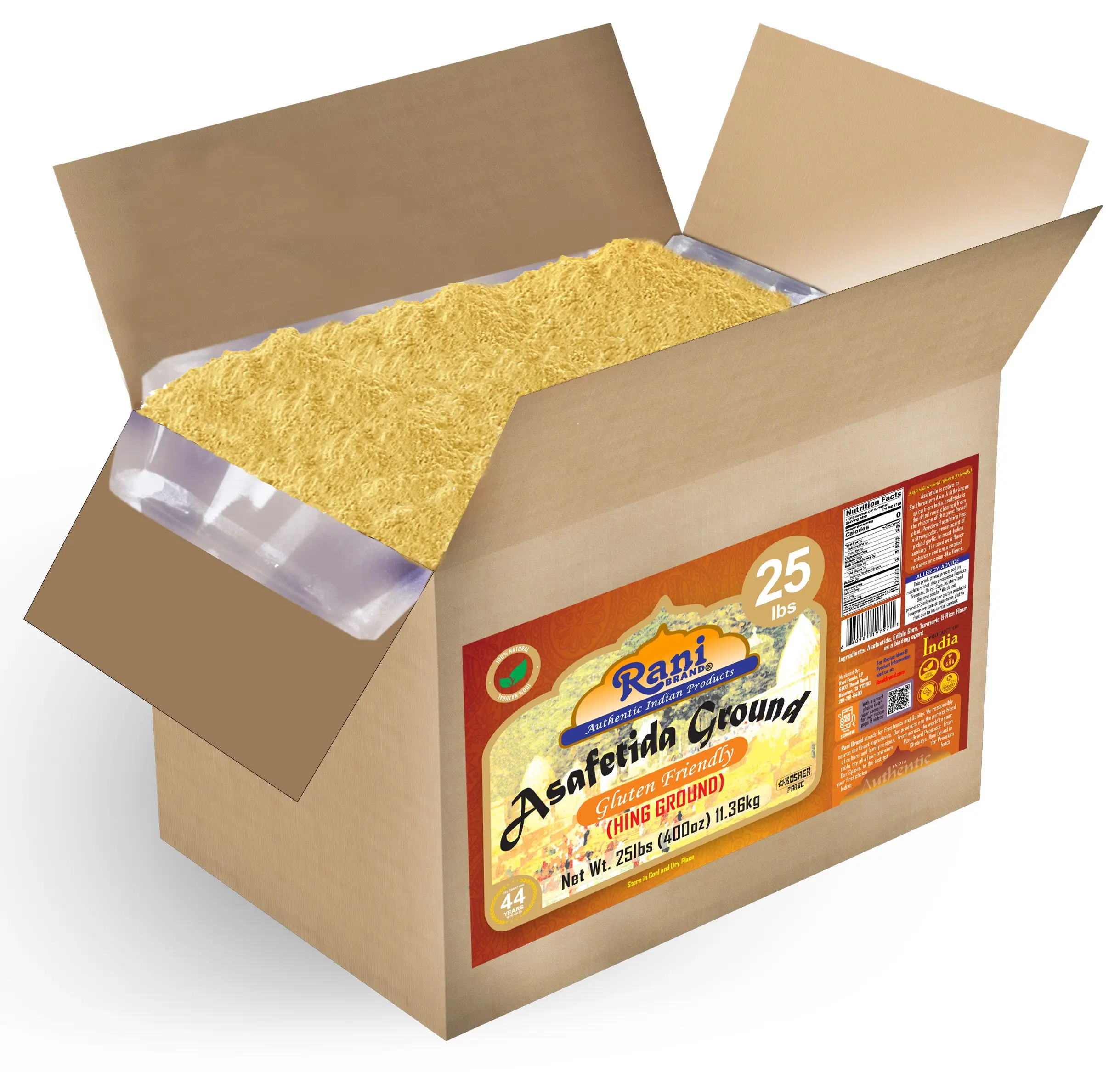 Rani Asafetida (Hing) Ground 400oz (25lbs) 11.36kg Gluten Friendly, Bulk Box ~ All Natural | Salt Free | Vegan | Non-GMO | Kosher | Asafoetida Indian Spice | Best for Onion Garlic Substitute