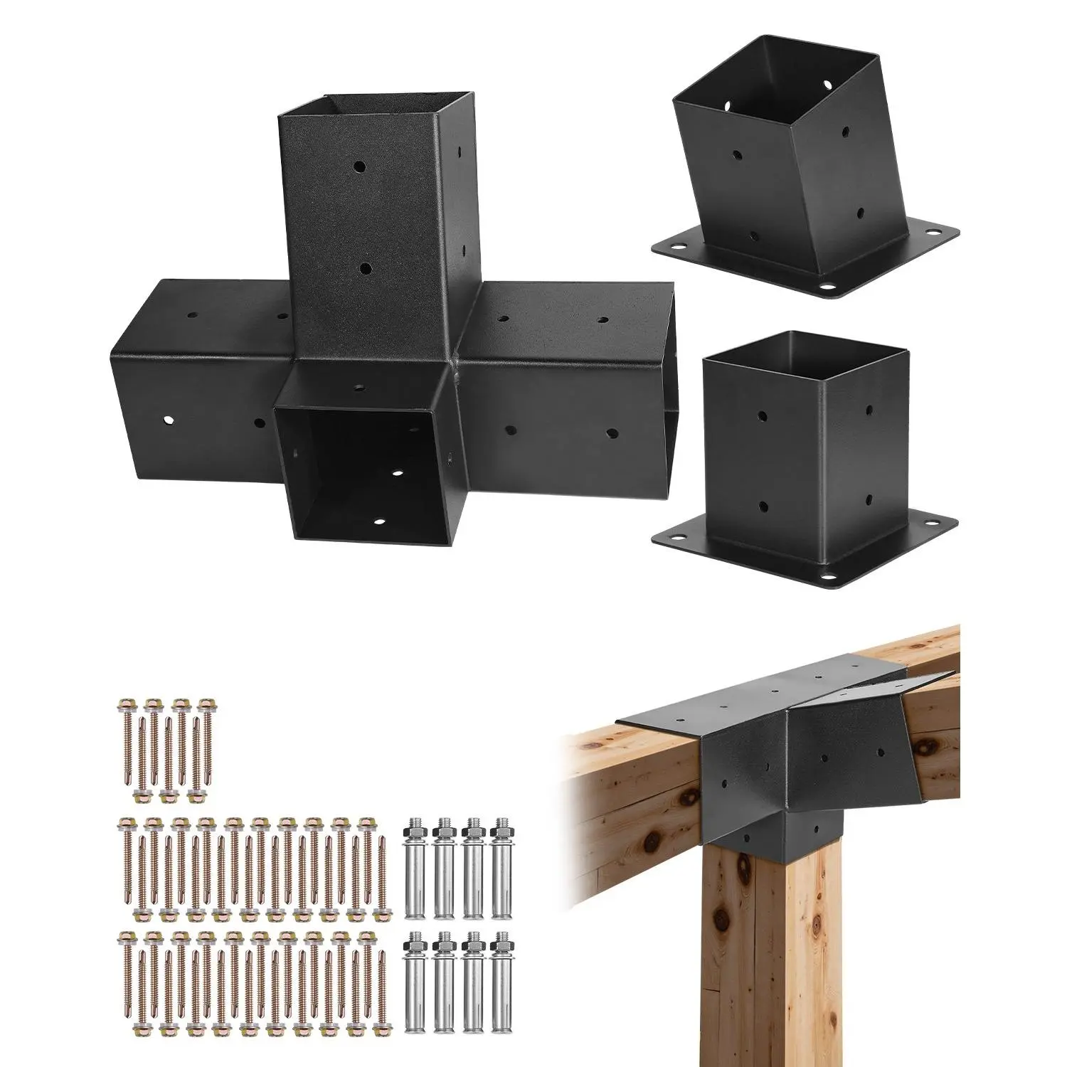 【Summerfinds】VEVOR Pergola Kit, 4x4 Inch 4-Way Slanted Bracket for 3.5x3.5 Inch Wood Beams in Actual Size, Carbon Steel Pergola Bracket with Post Base and Wall Mount Base, for Outdoor Pergolas, Gazebos, Sheds Home Heavy Duty Bolts