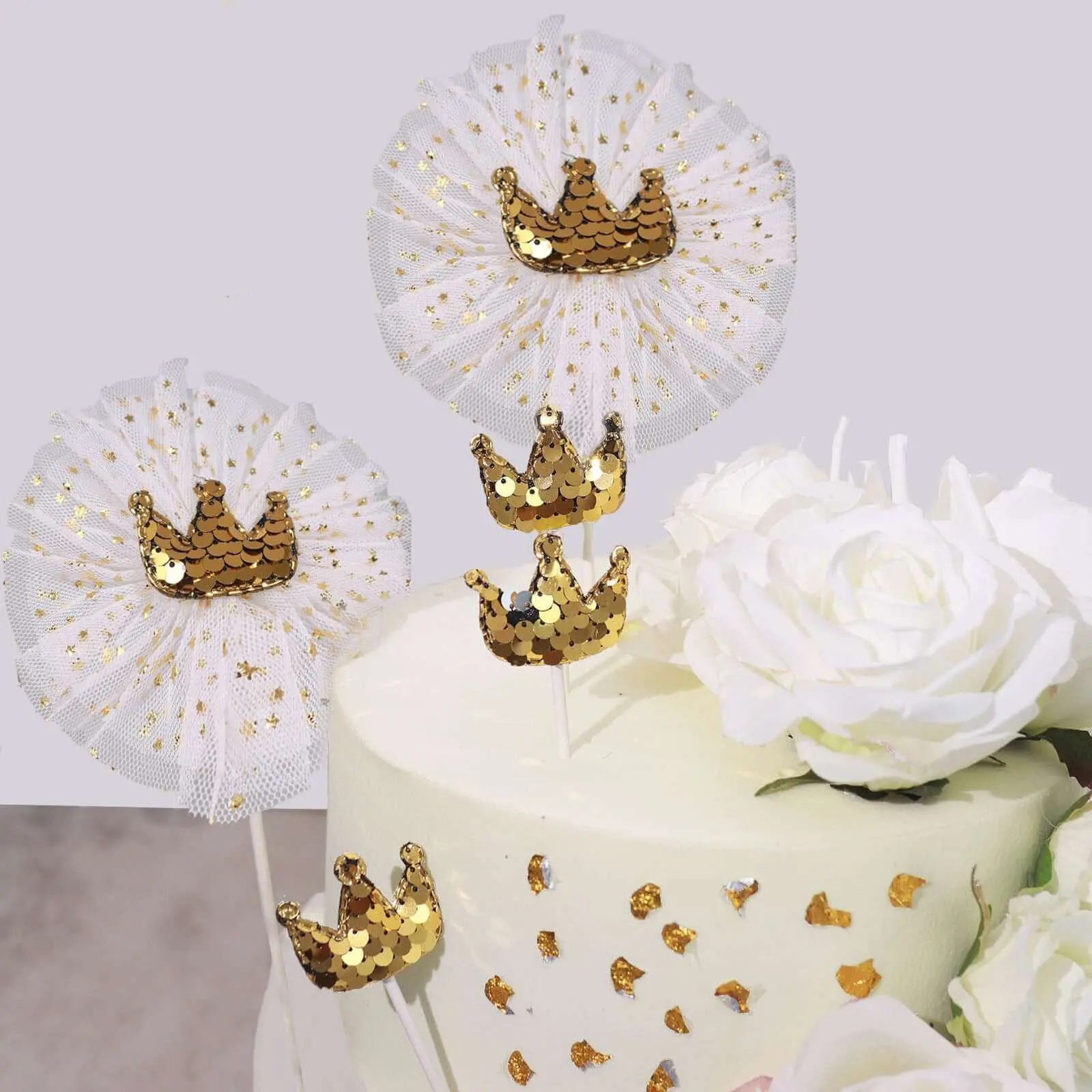 9-Pack Gold Sequin Crown & Tutu Cute Cake & Cupcake Toppers, Princess-Themed Decorations for DIY Party Cake Decoration Supplies, Themed Decorations Cake & Cupcake Toppers
